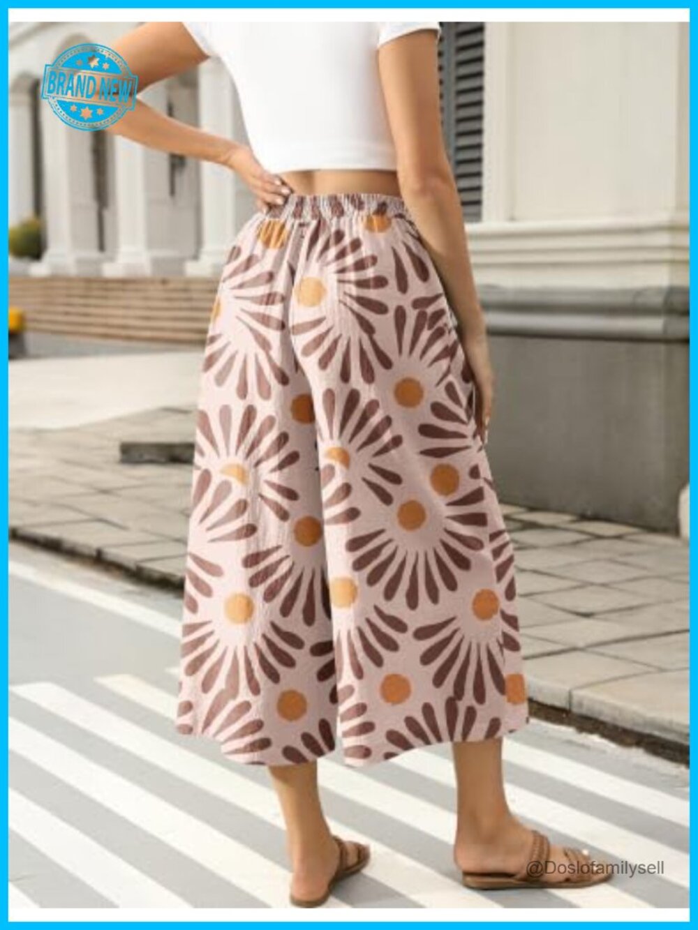 Wide Leg Linen Capri Pants Elastic Waist Palazzo Trousers with Pockets - Picture 5 of 7